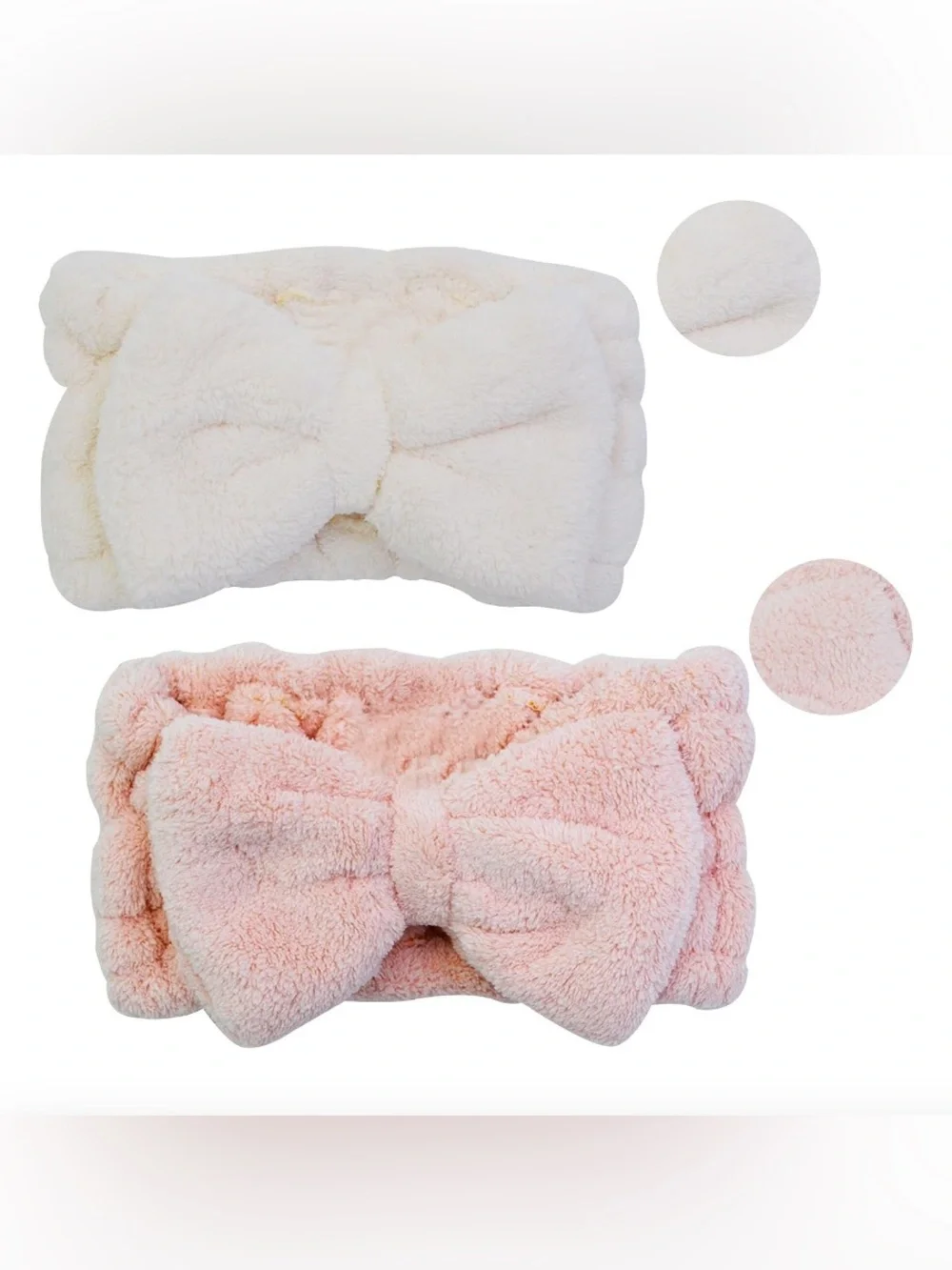Plush Bow Spa Headband in Pink and Cream (Set of 2)